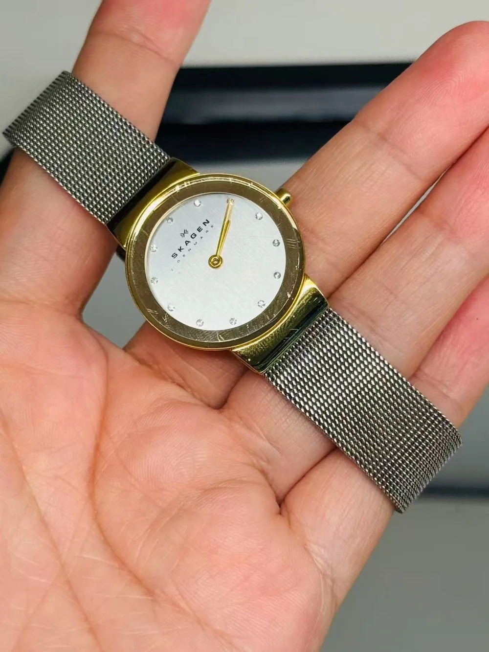 Skagen Denmark Women’s Watch Gold Tone 26mm Silver Dial Crystal New Battery Runs